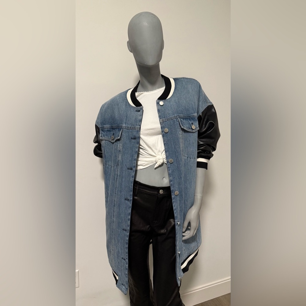Alice + Olivia Denim with Vegan Leather Varsity Long Jacket